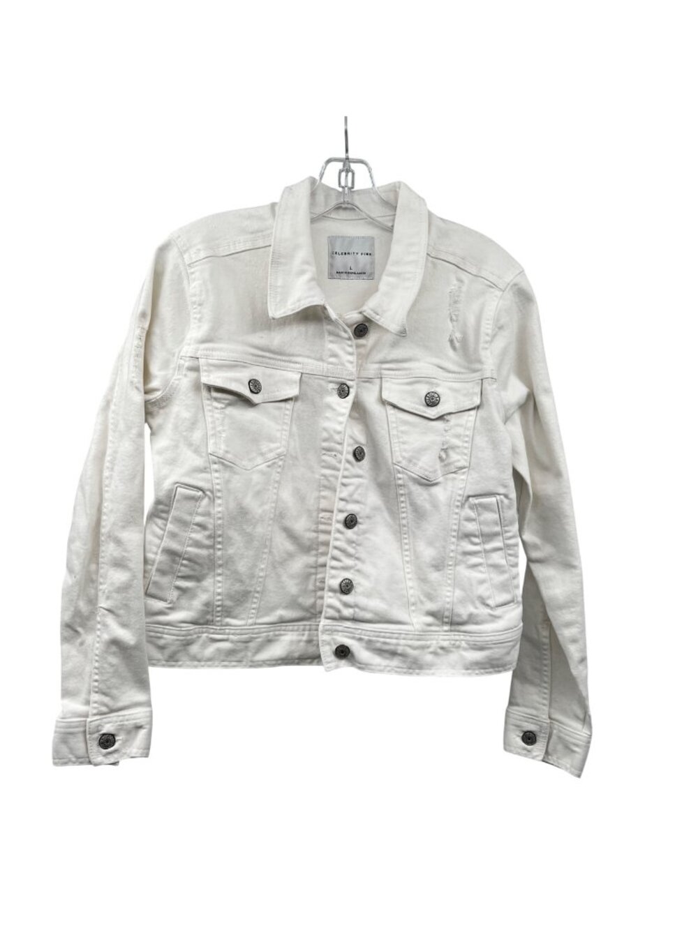 Celebrity Pink Womens Jean Jacket Button Up Distressed Off White Pockets Large